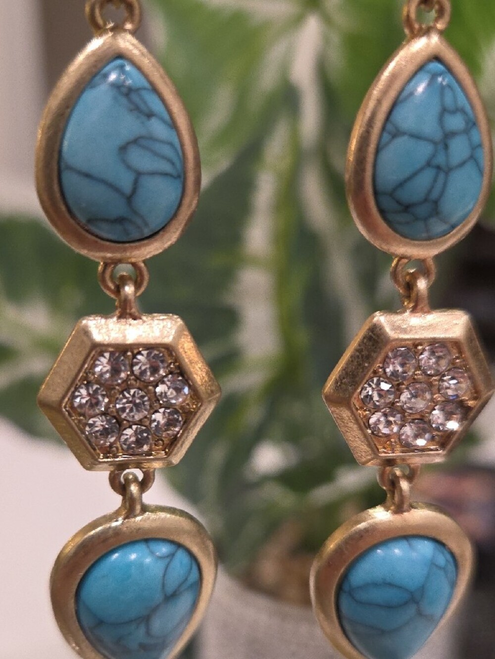 Gold Plated Turquoise Drop Earrings - Blue Teardrop Dangles - Picture 2 of 3